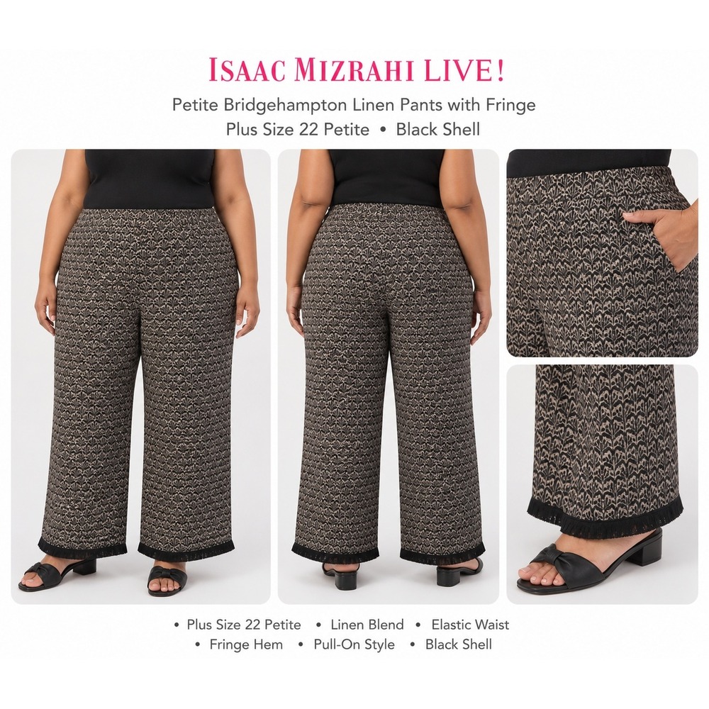 Isaac Mizrahi Live! Bridgehampton Linen Pants Fringe Black Shell 22 Petite Plus